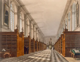 Interieur van de Trinity College Bibliotheek, Cambridge, uit De Geschiedenis van Cambridge, gegraveerd door Daniel Havell, uitgegeven door R. Ackermann, 1815
