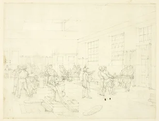 Studie voor De Munt, van Microkosmos van Londen (recto); Schets van binnenplaats (verso)