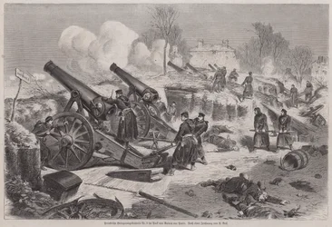 Pruisische belegeringsbatterij in het park van Le Raincy tijdens het Beleg van Parijs, Frans-Pruisische Oorlog