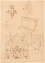 Ontwerpen voor Gotische Ornamenten, een Knieler, en Twee Schetsen van de Interieurs van Gotische Kerken