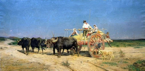 Wagen getrokken door buffels