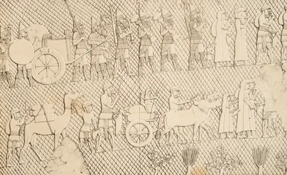 Detail van gevangenen en buit uit de stad Lachich, illustratie uit Monumenten van Nineveh, 1858