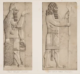 Visgod (Nimroud) en figuur bij een ingang (Kouyunjik), uit Monumenten van Nineveh, uitgegeven 1849