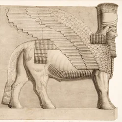 Menselijk hoofd stier en gevleugelde figuur van een poort in de muur rond Kouyunjik, uit Monumenten van Nineveh, uitgegeven 1849