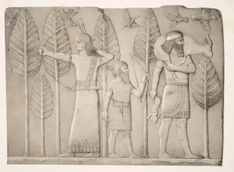 Jagers met gazelle, haas en vogels (Khorsabad), uit Monumenten van Nineveh, uitgegeven 1849