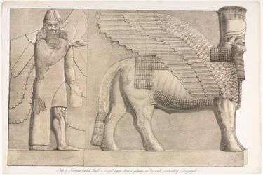 Monumenten van Nineve: Plaat 3, Menselijk hoofd met stier en gevleugeld figuur..., 1853