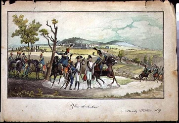 Een processie van Habsburgse soldaten in een landschap