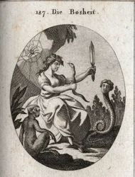 Allegorie van de mechaniek. Ze kijkt gelukkig met een aspic en een dolk. Haar attributen zijn de slang met een menselijk gezicht die bedrog wenst, de aap die het embleem van boosaardigheid is, en de spin die verwijst naar vallen. Gravure in 