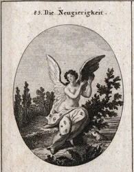 Allegorie van nieuwsgierigheid. Gravure in "Iconologie oder Ideen aus dem Gebiete der Leidenschaften und Allegorien bildich dargestellt fur Zeichner, Mahler"