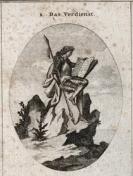 Allegorie van verdienste op de top van een steile rots met wapens en een boek die het resultaat van zijn werken en studies symboliseren. Gravure in 