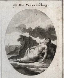 Allegorie van wanhoop, afgebeeld met een dolk in de borst en een tak van cipres in de hand (boom die ooit de graven sierde). Het kompas is het embleem van de wanorde van gedachten. Gravure in 