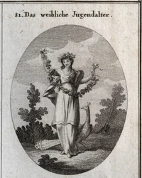 Allegorie van adolescentie (tienermeisje) voorgesteld door een jonge vrouw met een kroon en een bloemenkrans om gelukzaligheid aan te duiden. De pauw symboliseert de liefde voor versiering. Haar voet staat op een zandloper. Gravure in 