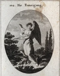 Allegorie van genegenheid of vriendelijkheid. Haar attribuut is de hagedis, symbool van haar vriendelijkheid en natuurlijke genegenheid voor mensen. Gravure in „Iconologie oder Ideen aus dem Gebiete der Leidenschaften und Allegorien bildlich dargestellt