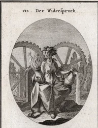 Allegorie van ergernis. Zijn pak is in tweeën gesplitst. Ze houdt een vat water en een vat vuur vast. De twee tandwielen bewegen in tegengestelde richtingen. Gravure in 
