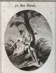 Allegorie van rampspoed. Ze zit op briesjes waarvan de kwetsbaarheid het beeld is van de instabiliteit van fortuin en de ellende van het leven. Gravure in 