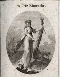Allegorie van concordie afgebeeld met een kroon van granaatappels, embleem van eenheid. De olijftak en een symbool van vrede en de bundel stokken strak samengebonden markeren de kracht van verenigde krachten.