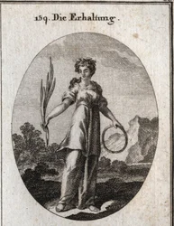 Allegorie van behoud. De ceder tak is onvergankelijk maar is ook het embleem van behoud en de cirkel dat van de continue opvolging. Ze draagt een kroon van aromatische planten die door de Egyptenaren werden gebruikt om de doden te bewaren. Gravure in 