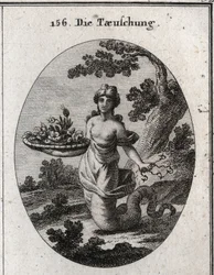 Allegorie van het bedrog. Tussen de bloemen in de mand bevindt zich een slang. Achter haar verbergt zij verschillende vishaken. Haar benen eindigen in een slangenstaart om te tonen dat zij kruipt om haar doelen te bereiken. Gravure in ‘Iconologie oder