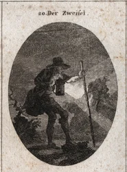 Allegorie van twijfel afgebeeld door een jonge man die door de duisternis loopt met een lantaarn en een boot die hij helpt zijn weg te vinden door verschillende met stenen gevulde paden.