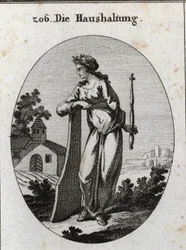 Allegorie van economie. Ze is gekroond met een olijftak die vrede symboliseert. Ze leunt op een roer en houdt een scepter en kompas vast, symbolen van macht en het exacte bestuur. Gravure in 