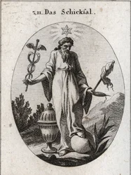 Allegorie van het lot. Een ster erboven weerspiegelt astrologische rapporten over incidenten in het menselijk leven. Hij houdt met één hand een bladverliezend symbool van zijn macht en in de andere een rietstengel en een spoel waarvan de gebroken draad de 