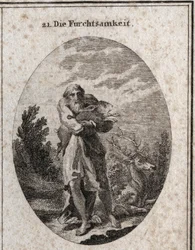 Allegorie van angst in de gedaante van een oude man met vleugels aan zijn voeten die bevorderlijk zijn voor ontsnapping. Zijn attributen zijn haas en hert. Gravure in “Iconologie oder Ideen aus dem Gebiete der Leidenschaften und Allegorien bildich dargeste