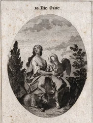 Allegorie van goedheid vertegenwoordigd door een nobele en overvloedige schoonheid die met liefde naar de hemel kijkt. Pelikaan symboliseert liefdadigheid, hond trouw en lam, zachtheid. Gravure in 