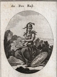 Allegorie van haat. Haar harnas is bedekt met ijzeren punten, haar helm omringd met een adder en ze houdt een schaal vast waarop een hart ligt dat ze besprenkelt met gal. Haar attribuut is een schild waarop een rietplant en een varen zijn afgebeeld, beide 