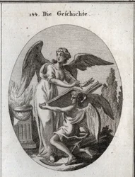 Allegorie van geschiedenis. Haar handelingen van luisteren en schrijven in een groot boek ondersteund door de tijd betekenen de handeling van geïnformeerd worden om het geheugen van voorbijgaande dingen te herschrijven. Gravure in 