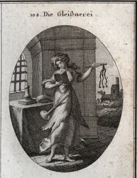 Allegorie van hypocrisie die een gebedenboek en discipline (roede, zweep) vasthoudt. De trompet die ze op haar schouder heeft markeert dat ze haar goede werken met nadruk publiceert. Gravure in 