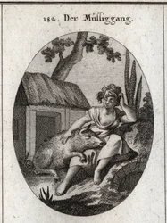 Allegorie van luiheid afgebeeld door een half slapende vrouw die met één hand haar hoofd krabt en met de andere rust op een varken dat op haar knieën slaapt. Gravure in 
