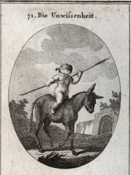 Allegorie van onwetendheid voorgesteld door een kind dat op een ezel rijdt, zijn ogen bedekt met een rietstok (symbool van de lege hersenen). Gravure in 