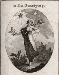 Allegorie van neiging. Ze houdt een boeket rozen en een boeket doornen vast en kijkt besluiteloos naar haar keuze. Achter haar is een heldere en gunstige ster (die van Jupiter) en een donkere en schadelijke ster (die van Saturnus). Gravure in 