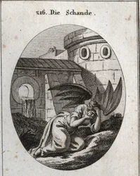 Allegorie van schande die het gezicht met de handen bedekt en haar attributen zijn twee grote zwarte vleermuisvleugels. Gravure in "Iconologie oder Ideen aus dem Gebiete der Leidenschaften und Allegorien bildich dargestellt fur Zeichner, Mahler, Dichter, G
