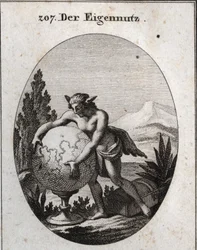 Allegorie van interesse met wolfshuid. Hij knijpt een wereldbol. Dit embleem betekent dat hebzucht eigen is aan geïnteresseerde mensen. Gravure in 
