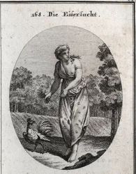 Allegorie van jaloezie die het oor aan de ene kant strekt en kijkt wat er aan de andere kant gebeurt. Haar jurk is bezaaid met ogen en oren en het boeket van doornen dat ze vasthoudt betekent dat haar kwelling vrijwillig is. De haan, jaloers en waakzaam, i