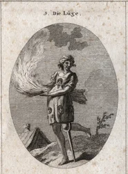 Allegorie van de leugen stelt lelijkheid, slecht haar en slechte kleding voor. Haar kleding is gevuld met tongen en maskers. Het brandende stro illustreert de inhoudsloosheid van haar woorden en het houten been, de geringe soliditeit. Gravure in