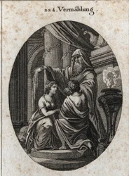 Allegorie van het huwelijk: de priester gooit de gal van de dieren achter het altaar om te laten zien dat er geen bitterheid is bij het huwelijk. Gravure in "Iconologie oder Ideen aus dem Gebiete der Leidenschaften und Allegorien bildich dargestellt fur Ze