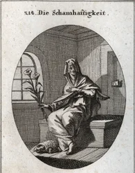 Allegorie van bescheidenheid. Haar symbool is een tak van lelies en een schildpad die betekent dat bescheiden vrouwen uit hun huizen moeten worden verwijderd. Haar gezicht is bedekt met een sluier. Gravure in 