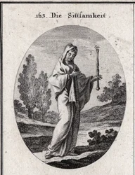 Allegorie van bescheidenheid. Gravure in "Iconologie oder Ideen aus dem Gebiete der Leidenschaften und Allegorien bildich dargestellt fur Zeichner, Mahler, Dichter"