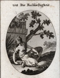 Allegorie van nalatigheid. Ze houdt een klok met een omgekeerde zandloper. De schildpad is het embleem van traagheid. Gravure in 
