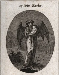 Allegorie van de nacht, voorgesteld met vleermuisvleugels. Zij houdt twee slapende kinderen vast, een wit en het andere zwart, droom en nachtmerrie. Gravure in «Iconologie of ideeën uit het gebied van hartstochten en allegorieën, beeldend voorgesteld voor
