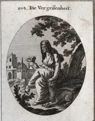 Allegorie van vergetelheid. Ze houdt een alruinplant vast, een krachtig narcoticum. De lynx is het dier dat aan Bacchus is gewijd. Gravure in 