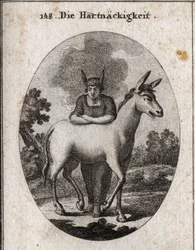 Allegorie van de koppigheid, leunend op een muildier. De ezelsoren op haar hoofd zijn het embleem van onwetendheid en halsstarrigheid. De damp rond haar hoofd betekent dat haar verstand verduisterd is. Gravure in 