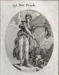 Allegorie van vrede. Ze draagt een krans van olijfbomen en houdt een knuppel vast terwijl ze met een fakkel een trofee van wapens verbrandt. Daarachter betekent het standbeeld van Plutus dat overvloed en rijkdom haar voordelen zijn. Gravure in "Iconologie 
