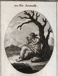 Allegorie van armoede zittend aan de voet van een droge boom die groeit in dor terrein. Haar voeten en handen zijn gebonden en ze probeert haar banden los te maken met haar tanden; Gravure in 