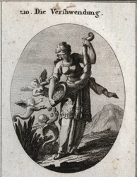 Allegorie van verkwisting afgebeeld met een blinddoek en schuddend een hoorn van overvloed waaruit zilver en sieraden vallen die harpijen gretig nemen. Gravure in 