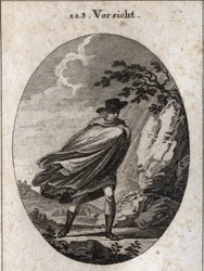 Allegorie van voorzienigheid. Uitdrukking: Als het mooi weer is, neem je jas, als het regent, neem hem, als je wilt. Gravure in 