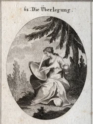 Allegorie van reflectie. Gravure in "Iconologie oder Ideen aus dem Gebiete der Leidenschaften und Allegorien bildich dargestellt fur Zeichner, Mahler"