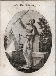Allegorie van strengheid. Gravure in "Iconologie oder Ideen aus dem Gebiete der Leidenschaften und Allegorien bildich dargestellt fur Zeichner, Mahler"